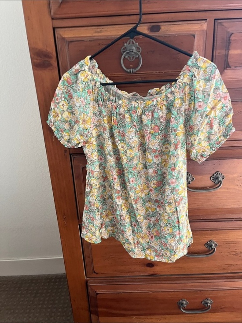 Lime and Chili Floral Peasant Blouse in Yellow, Green & Peach Size Large NWOT